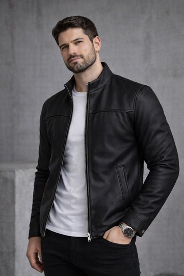 Slim Fit High Collar Seasonal Carbon Leather Jacket