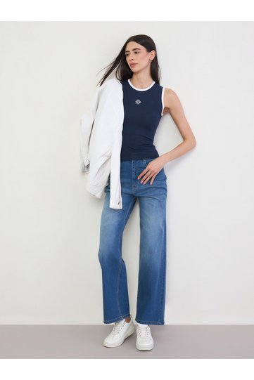 Navy Blue Fitted Cotton Tank with Contrast Trim