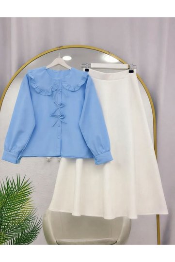 Women's Bow Detailed Puff Scuba Skirt Set -05200