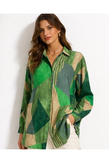 Women's Green Geometric Patterned Viscose Oversized Shirt – Relaxed Fit, Long Sleeve, Casual & Stylish