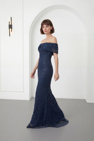 Women's Navy Blue Boat Neck Beaded Long Mermaid Evening Dress