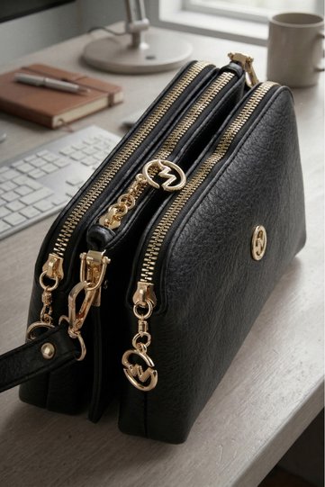 Women's Melisa Black 3-Compartment Small Size Zipper Closure Adjustable Strap Hand and Shoulder Bag