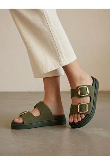 Women's Khaki Double Buckle Slippers – Casual Comfortable Sole Sandals, Comfortable Summer Slippers