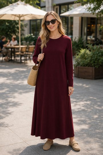 Long Sleeve Long Combed Cotton Dress with Crew Neck 2031