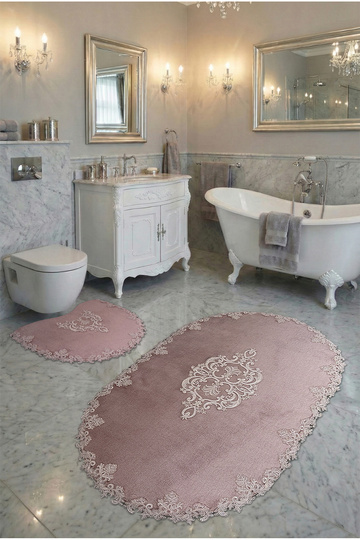 Milas Non-Slip Sole, Bridal, Velvet Lace Detail 2-Piece Super Luxury Oval Bath Mat Set Pink
