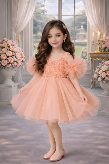 Pompom Sleeves, Rose Patterned Tulle Party and Birthday Dress, Salmon Color