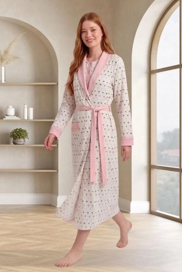 Women's Large Size Floral Patterned Long Sleeve Dressing Gown Nightgown 2-Piece Set 75% Cotton 25% Viscose