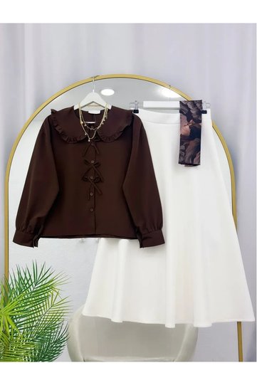 Women's Bow Detailed Puff Scuba Skirt Set -05200