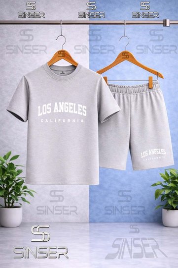 تي شيرت للأطفال بطبعة LOS ANGELES CALIFORNIA BYZ ذو ياقة دائرية - طقم شورت