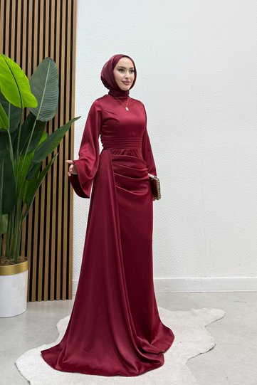 Large Spanish Sleeve Long Piece Detailed Special Occasion Evening Dress Burgundy