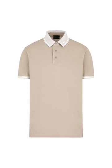 Men's Polo Neck Short Sleeve Beige Polo Neck T-Shirt with Buttoned Collar and Sleeve Tips Stripe Detail Em 000852   A