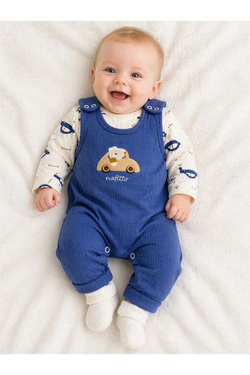 Baby Boy Embroidered Carriage 2-Piece Salopet Set Long Sleeve Snap Fastener Newborn Outfit Socks Gift