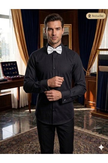 Ars Ata Collar Black Buttoned Slim Fit Cotton Men's Bridal Suit & Tuxedo Shirt - Special Design with Cuffs