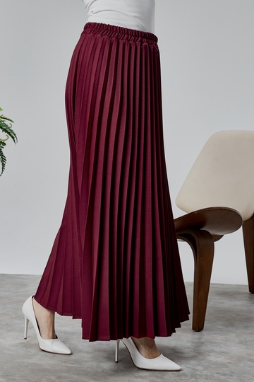 Burgundy Pleated Women's Long Crepe Skirt with Elastic Waist Pleated