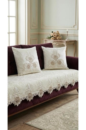 Non-Slip Base French Lace Velvet Sofa Cover Set 85X210 + 2 Velvet Lace Embroidered Throw Pillows 45X45