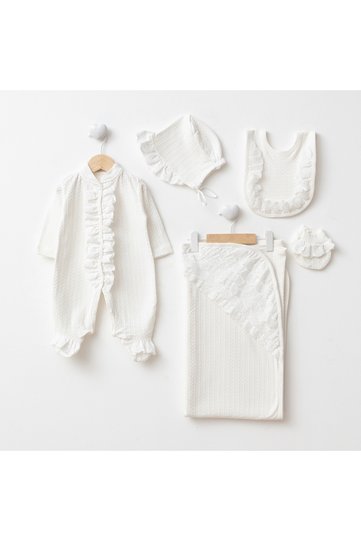 Premium Jacquard Scalloped 5-Piece Baby Hospital Discharge Set 0-3 Months – Newborn Set with Cotton Lace Detail