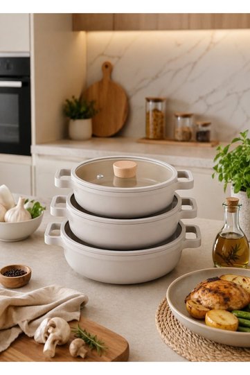 Fika Beige 3-Piece Covered Pan Set 18-20-22 cm
