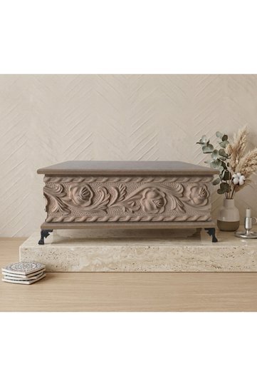 Wooden Paintable Embossed Floral Pattern Jewelry Box-Decorative Box with Metal Legs