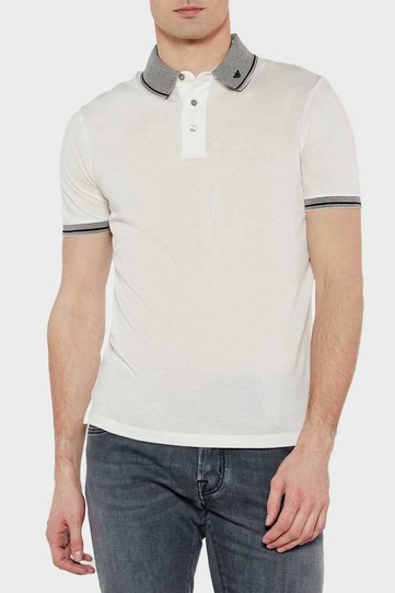 Men's Polo Collar Short Sleeve White Polo T-Shirt with Buttoned Collar and Stripe Detail on Cuffs
