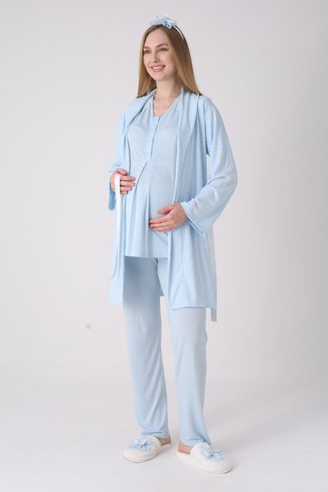 Maternity Pajama Dressing Gown Set Jacquard Shawl Collar Lace Panel Buttoned Breastfeeding Set of 3