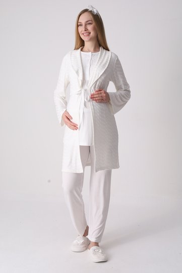 Maternity Pajama Dressing Gown Set Textured Belted Shawl Collar Laced Buttoned Breastfeeding 3-Piece Maternity Set