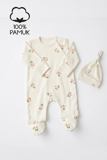 Newborn Hospital Release 100% Cotton Floral Side-Opening Romper and Knotted Beanie Set