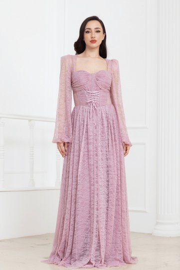 Bale Detailed Long Lace Evening Dress - Pudra