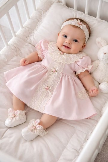 Pink Vintage Baby Girl Design Floral Cotton Lace Dress Set