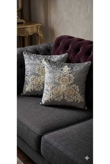 Set of 2 Embroidered Velvet Cushion Covers - Lace Embroidered Square Pillowcases 45X45 cm