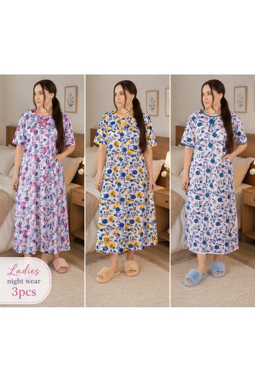 Floral Nightwear Maxi Dress 3 Pcs Combo Set