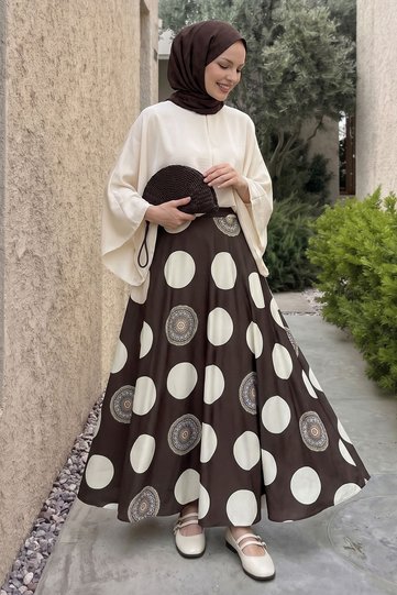 Large Polka Dot Pattern Chiffon Satin Skirt Brown