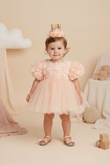 Salmon Rose Detailed Short Sleeve Baby Girl Dress - Dara
