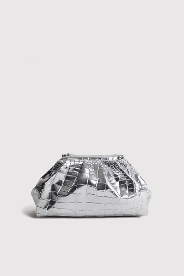 Silver Women's Croco Patterned Metallic Leather Clutch Evening Dress Bag