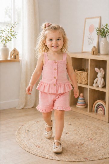Baby Girl Linen Fabric Top and Bottom Set - 100% Cotton
