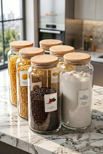 Set of 6 Vacuum Glass Storage Containers with Wooden Lids, Glass Storage Container Set with Labels