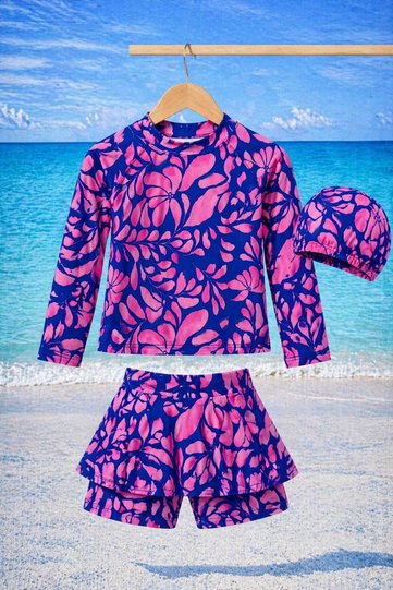 Girl's Long Sleeve Swimsuit Set with Pattern, Hat, Skirt and Shorts, 3-Piece Set