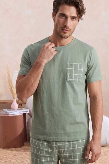 Green Regular Plaid / Checkered Homewear Pajama Set Tmnss25Pt00034