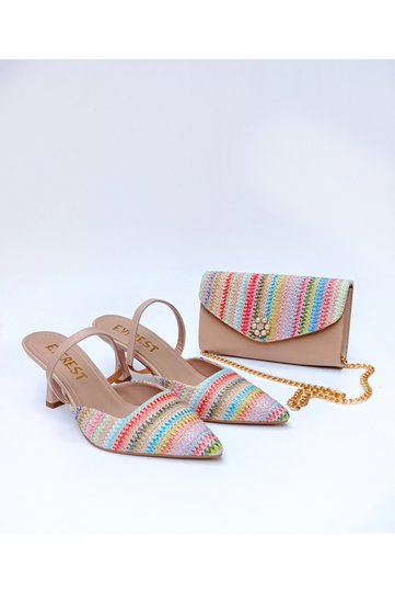 Women's Stiletto Thin Toe Multi-Colored Straw Heels and Bag Set
