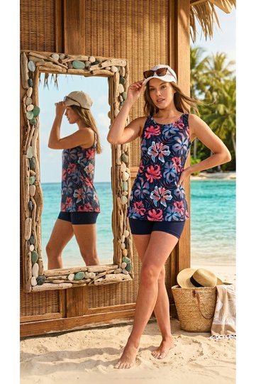 725705_Women's Strappy Tunic Shorts Set with Built-In Chest Pads Half Crop Lined 2 Piece Sea/Pool Leggings Swimsuit Set