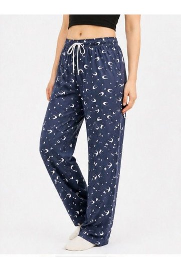 Women's Navy Blue / White Crescent and Star Pajama Pants with Elastic Bottom, Comfortable Fit, Home & Casual Trousers