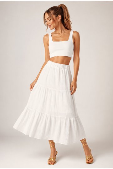 Off White Midi Length Wrap-Around Layered Skirt Comfortable Midi Skirt with Ruffled Pleated Flounces
