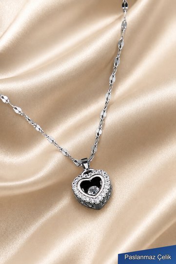 Silver Heart Stone Steel Necklace with Zircon Stone Detail for Women