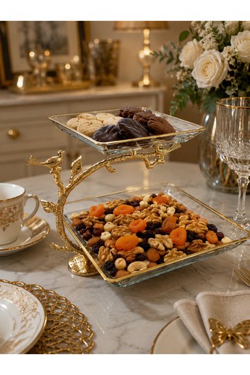 2-Tier Glass Presentation Bowl with Gold Bird Figure, Cookie Bowl, Chocolate Bowl, Turkish Delight Bowl, Home Gift