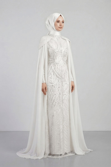 Full Beaded Fabric Sleeves Hijab Dress with Siphon Detail - White