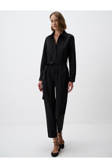 Black Shirt Collar Waist Belt Detailed Woven Jumpsuit