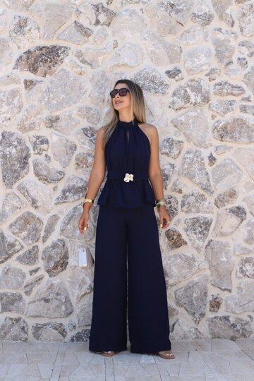 Navy Blue Brooched Halter Neck Jumpsuit
