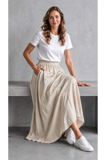 Women's Strawberry Fabric Wide-Cut Maxi Skirt with Pockets and Elastic Waist