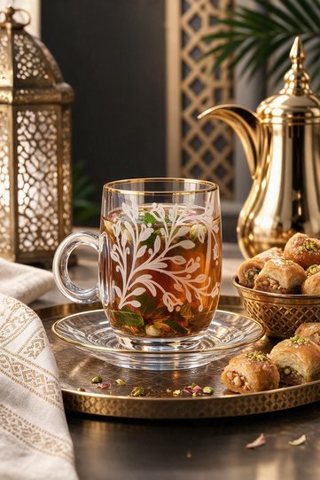 طقم فاخر من 12 قطعة من أكواب الشاي الزجاجية مع الصحون سعة 75 مل |   أكواب شاي بحواف ذهبية مع صحون، صناعة سعودية للضيافة والهدايا