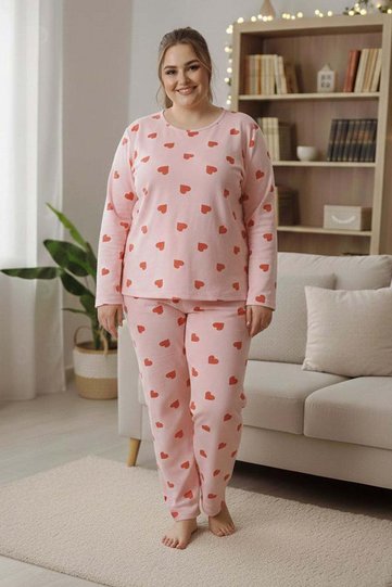 Heart Patterned Large Size Pajama Set