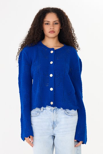 Women's Cobalt Blue Openwork Button Detailed Crew Neck Knitwear Sweater